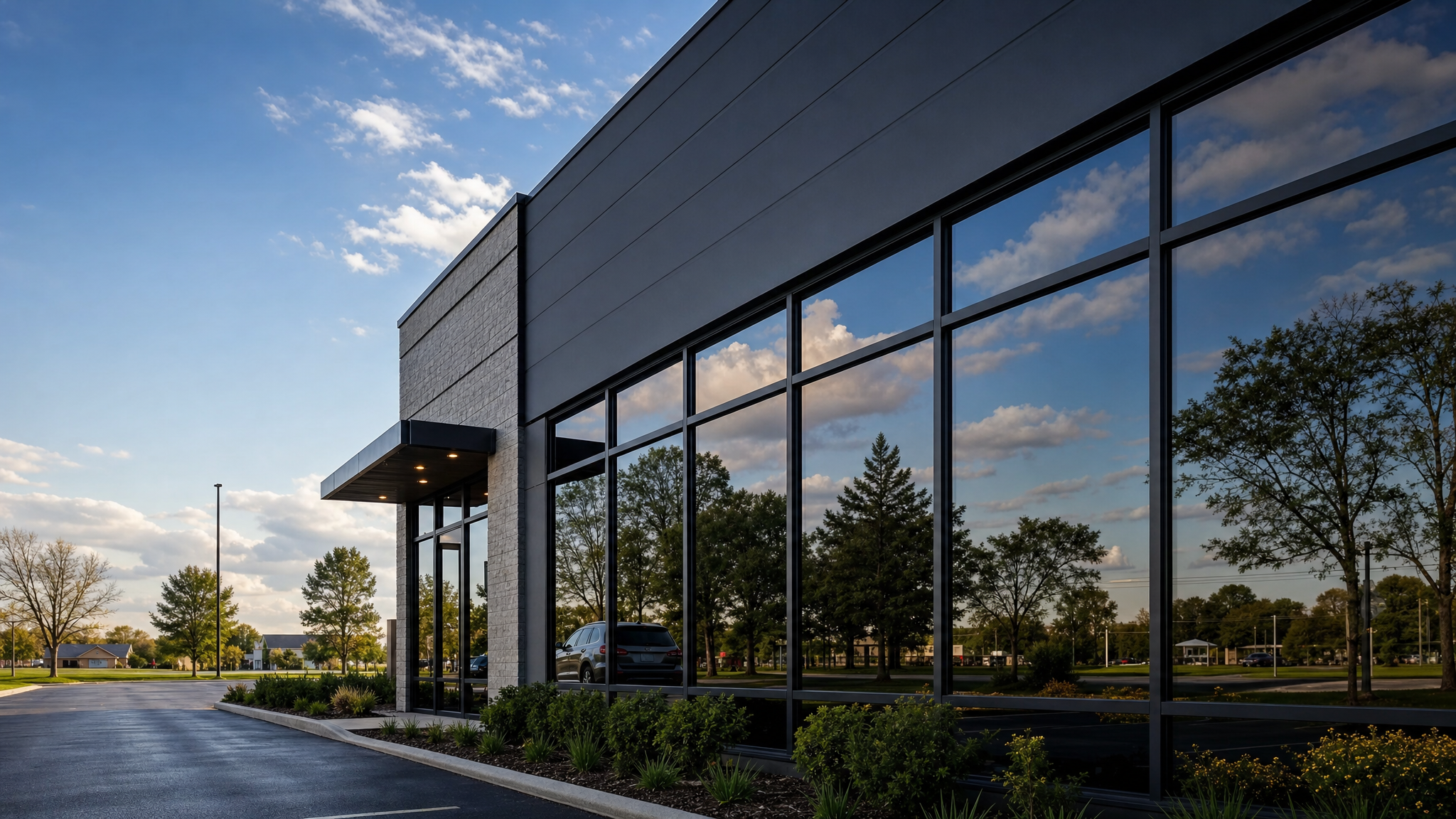 Commercial building with reflective window tint installed on large glass windows
